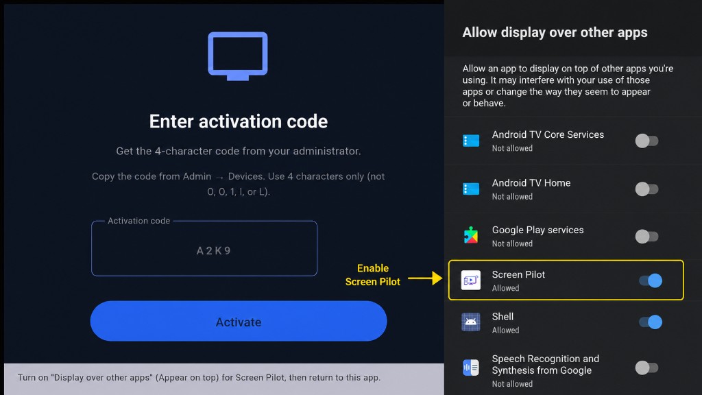 Enable ScreenPilot display over other apps permission