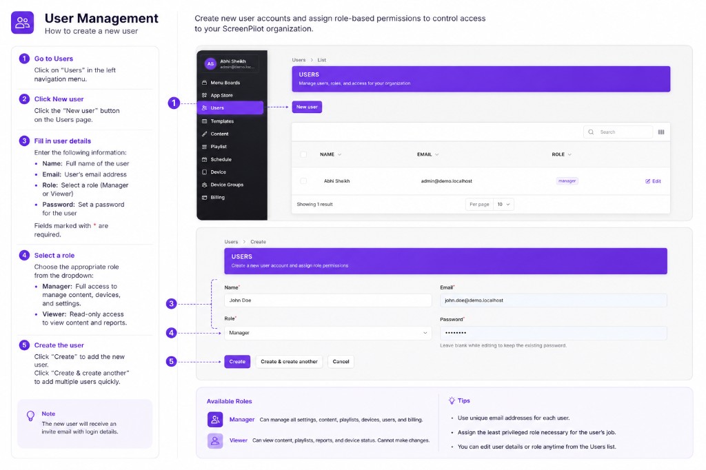 How to create a new user in ScreenPilot